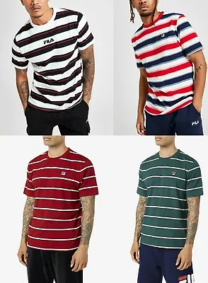 Buy Fila Men Cotton Crew Neck Short Sleeve Red Green Navy Striped Retro Logo T Shirt • 11.99£