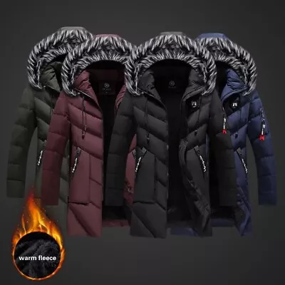 Buy Winter Parka Men Solid Jacket Thick Warm Coat Long Hooded Jacket Fur Collar Coat • 34.79£