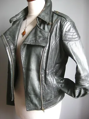 Buy NEXT REAL LEATHER JACKET 8 Biker Military Steampunk Goth Soft Grey Distressed  • 124.99£