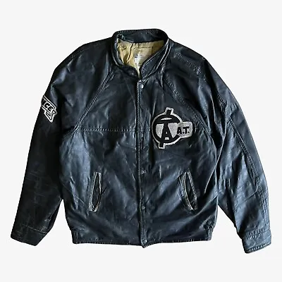 Buy Vintage 80s CAT Finance Black Leather Varsity Jacket Letterman College 90s Retro • 105£