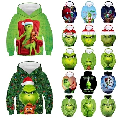 Buy Kids Grinch Christmas Hoodie Sweatershirt Hooded Top Pullover Jumper Xmas Gifts • 12.49£