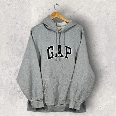 Buy VTG GAP Embroidered Denim Patch Grey Pullover Hoodie Sweatshirt L • 29.95£