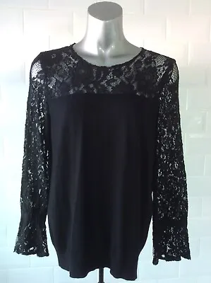 Buy Size 12 Black Fine Knit Viscose Jumper Sheer Lace Sleeves Goth Whitby Party • 15£