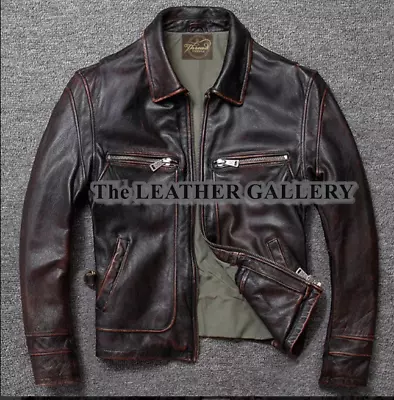 Buy Mens Handmade Slim Fit Genuine Distressed Radish Brown Motorcycle Leather Jacket • 25£