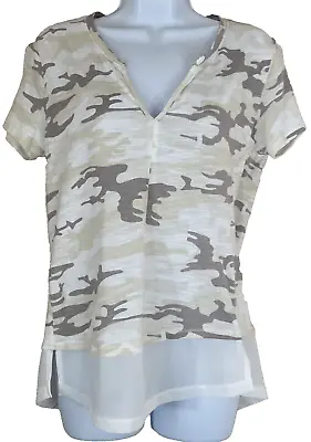Buy SANCTUARY Camo Print Linen Blend Mixed Fabric T Shirt Top White Beige Sz M EUC • 18.24£
