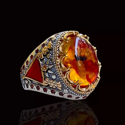 Buy Solid 925 Sterling Silver Handmade Jewelry Fosil Amber Men's Ring All Size • 50.14£