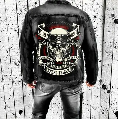Buy Men's Youth Gothic Skull Printed Hip Hop Washed Jeans Denim Jacket Outwear 2218 • 47.99£