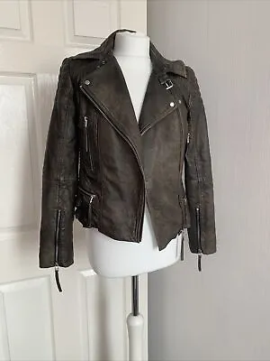 Buy Whistles Real Leather Green Brown Aged Look Biker Jacket Size 8 • 49.99£
