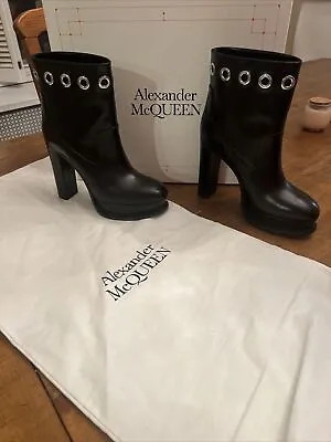 Buy Alexander McQueen Eyelet Black Leather Platform Heeled Boots 39.5/us9.5 • 348.70£