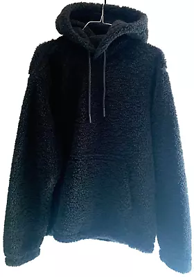Buy Relaxed Fit Teddy Fleece Fur Black Hoodie Pullover Jacket Outdoor Pocket Size 12 • 24.99£