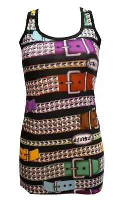 Buy Ladies Funky Multi Pyramid Stud Belts Print Long Vest Tank Top Dress Goth  Emo • 21.99£