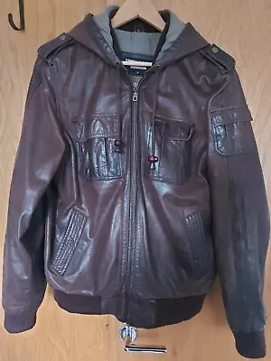 Buy Tough Rider Leather Jacket Men Brown Glaze With A Hood Bike Rock, Zipped • 65£