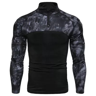 Buy Mens Army Tactical T-Shirt Combat Military Camo Casual Zip Shirts  Long Sleeve • 13.99£