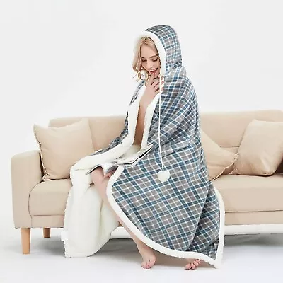 Buy Check Design Hooded Super Soft Warm Sherpa Fleece Wearable Blanket Throw Hoodie • 14.99£