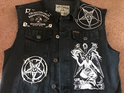 Buy Satanic Jacket Baphomet Pentagram Battle Cut-Off Denim Vest Ouija Board Metal XX • 106.66£