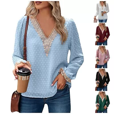 Buy Women's Solid Color V-Neck Lace Long Sleeve Double Layer Hem Top T-Shirt Blouse • 16.79£