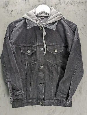 Buy Denim Jacket Size Small Washed Black Removable Hood Button Up Long Sleeve Womens • 12.99£