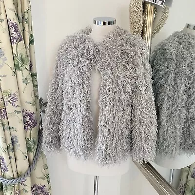 Buy Zara M Grey Silver Feather Effect Fluffy Going Out Party Bomber Jacket Coat • 19.99£