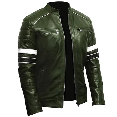 Buy Mens Stylish Vintage Cafe Racer Sheepskin Leather Olive Green Military Jacket • 28.99£