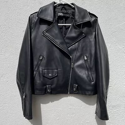 Buy Zara Faux Leather Jacket Womens Medium Black Biker Cropped Rock Punk Zipped Y2K • 31.99£