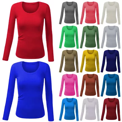 Buy Ladies Long Sleeve T Shirt Women Stretch Plain Round Scoop Crew Neck Top UK 8/26 • 7.19£
