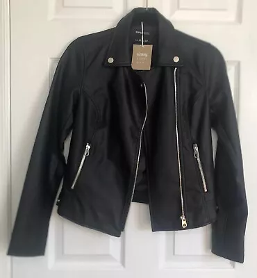 Buy Faux Leather Moto Style Black Jacket Silver Accents Women Size XS NWT Sinsay • 26.13£
