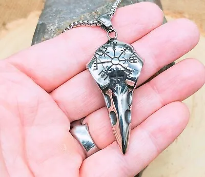 Buy Mens Stainless Steel Norse Viking Raven Crow Head Skull Runes Pendant Necklace • 12.95£