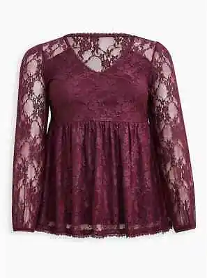 Buy NEW TORRID ( 00X ) M / L Babydoll Lace V-Neck Peasant Sleeves Top Stretch Purple • 18.10£