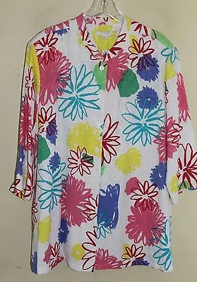 Buy NEW Erin Bold Floral Funky Art-Wear Boho Artsy Linen Rayon Shirt Jacket Sz 2X  • 65.54£