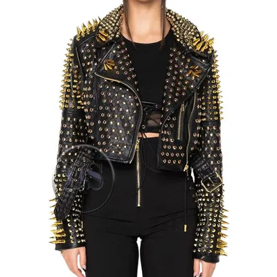 Buy Women's Genuine Leather Golden Studded Jacket, Rock Punk Fashion Leather Jacket • 192.14£