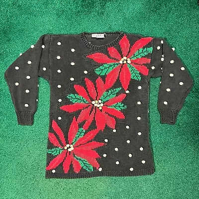 Buy VTG The Hero Group Women's Size Medium Holiday Sweater Poinsettia Bells Vintage • 14.20£