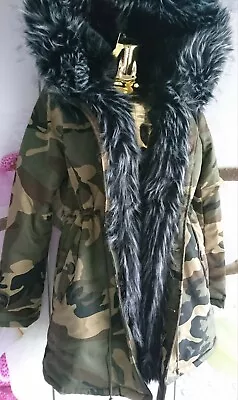 Buy K.ZELL LADIES Camouflage Black Trim FUR WINTER PARKA JACKET COAT SIZE M L 8 10  • 55.99£