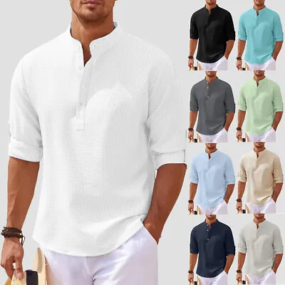 Buy Mens Henley Shirts Ribbed Solid Long Sleeve Casual Tops Pullover T-Shirt Blouse • 3.99£