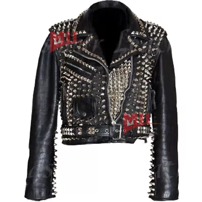 Buy Handmade Women Black Heavy Metal Spiked Studded Genuine Leather Jacket With Belt • 217.15£