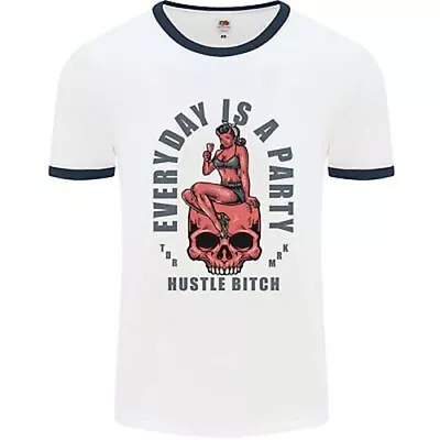 Buy Every Day Is A Party Hustle Skull Alcohol Mens White Ringer T-Shirt • 12.99£