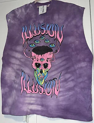 Buy Collusion Oversized Long Tank Muscle Vest T-Shirt Illusion Skull Print Purple XS • 15£