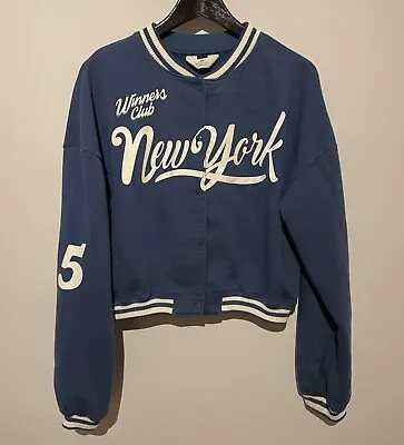 Buy H&M Girls Blue New York Baseball Popper Jacket Size Age 13/14 • 14.99£