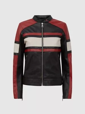 Buy Reiss  Colourblock Black Red Leather Collarless Zip Biker Jakcet 10 38 • 99£
