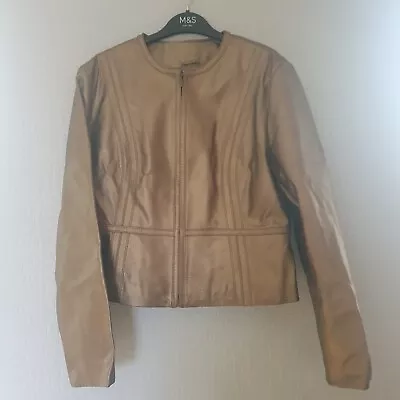 Buy M&S Jacket Size 14 Leather Gold Metallic Short Lined Zip Long Sleeves Ladies • 54.95£