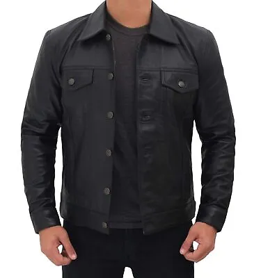 Buy Men's Genuine Leather Trucker Denim Jacket Vintage Classic Style Western Coat • 78.99£