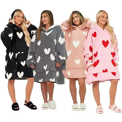 Buy Dreamscene Heart Print Hoodie Blanket Oversized Adult Fleece Sherpa Throw Jumper • 16.99£
