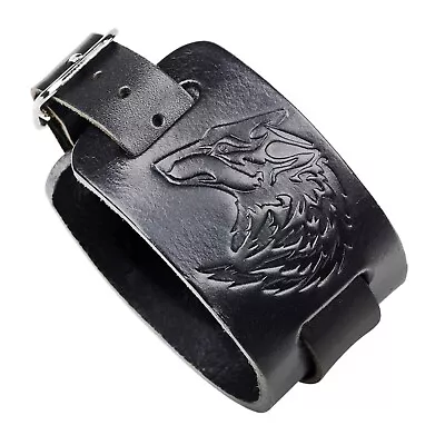 Buy Viking Vintage Brown/Black Wide Genuine Real Leather Wolf/Raven/Hawk Bracelet • 11.95£
