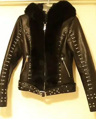 Buy Mochy-Gorgeous Black Faux Leather Hooded Studded Biker Jacket Uk 8 • 17£
