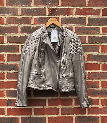 Buy All Saints Ladies METALLIC HARDY Leather Biker Jacket UK10 US6 EU38 Bomber • 189.99£