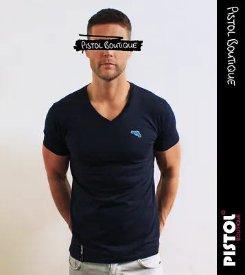 Buy Pistol Boutique Men's Navy Blue Fitted Plain Mid V-Neck Chest Logo T-shirt SALE • 10.80£
