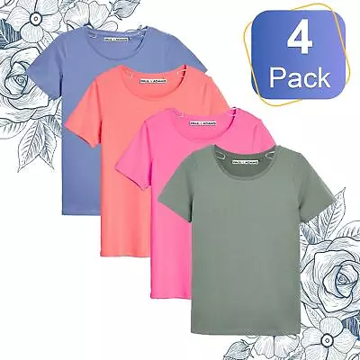 Buy 4 Pack Womens Ladies Plain Short Sleeve 100% Cotton Round Neck Tee T-Shirt S-3XL • 14.99£
