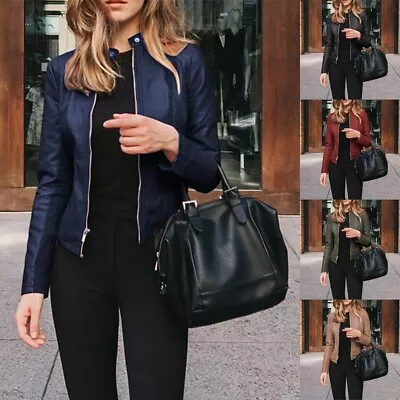 Buy Formal Ladies Biker Jacket Slim Fit Faux Leather Zippered Coat Plus Size Black • 17.02£