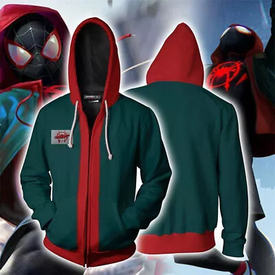 Buy Adult Men Spiderman Into The Spider Verse Miles Morales Hoodie Zip Coat Tops New • 22.68£