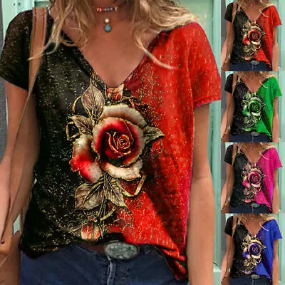 Buy Womens Floral T-Shirt Gothic V Neck Ladies Summer Casual Tunic Tops Blouse Tee • 2.99£