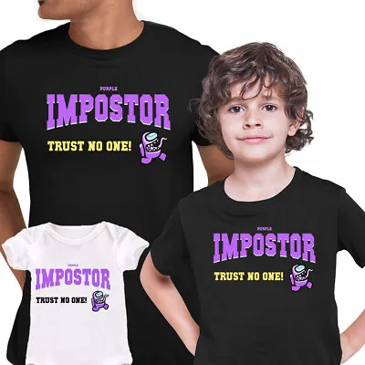 Buy Kids Among Us T-Shirt Trust No One Impostor Short Sleeved Black Purple Design • 14.99£